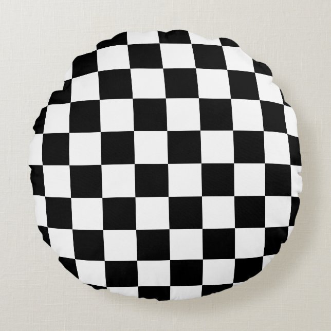Chequered squares black and white geometric retro round pillow (Front)