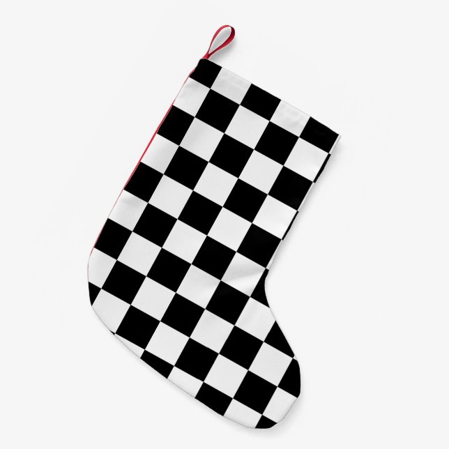 Chequered squares black and white geometric retro small christmas stocking (Front (Hanging))