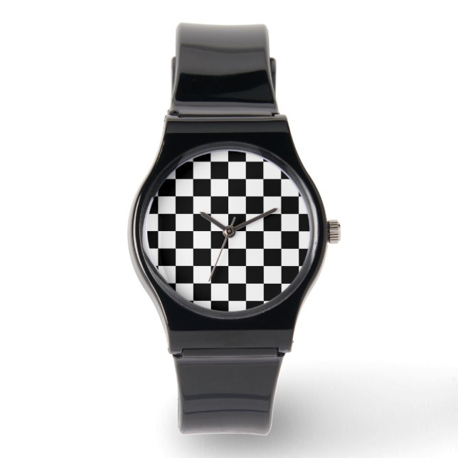 Chequered squares black and white geometric retro watch (Front)