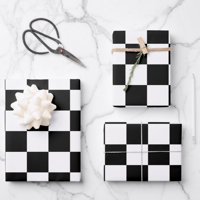 Chequered squares black and white geometric retro wrapping paper sheet (Front)