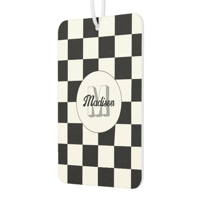 Chequered squares black and white retro Monogram Air Freshener (Left)