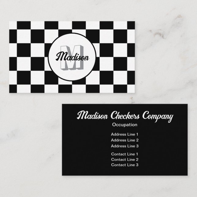 Chequered squares black and white retro Monogram Business Card (Front/Back)