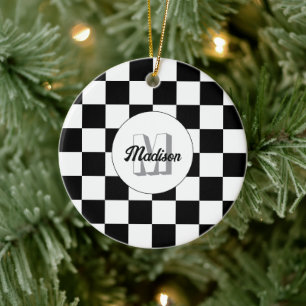 Chequered squares black and white retro Monogram Ceramic Ornament