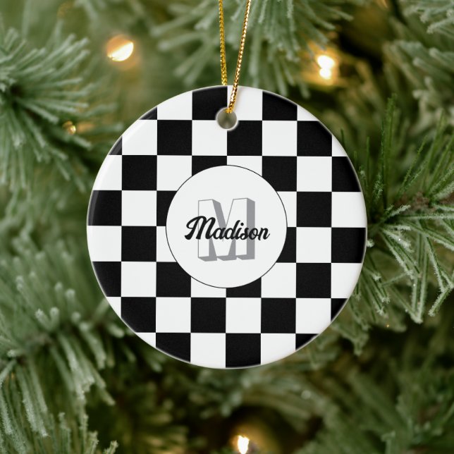 Chequered squares black and white retro Monogram Ceramic Ornament (Tree)