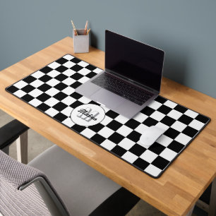 Chequered squares Black and White retro Monogram  Desk Mat