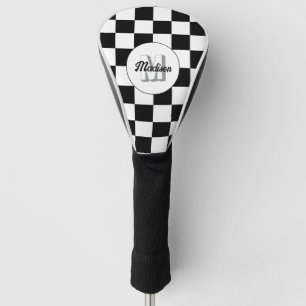 Chequered squares black and white retro Monogram Golf Head Cover