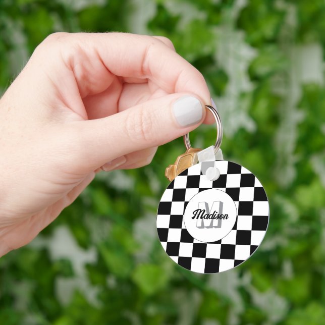 Chequered squares black and white retro Monogram Keychain (Hand)