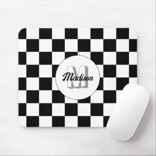 Chequered squares Black and White retro Monogram Mouse Pad