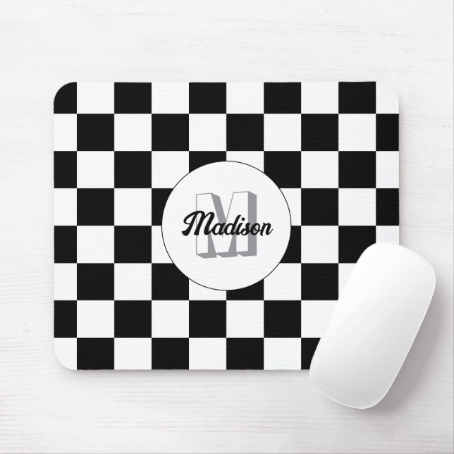 Chequered squares Black and White retro Monogram Mouse Pad (With Mouse)