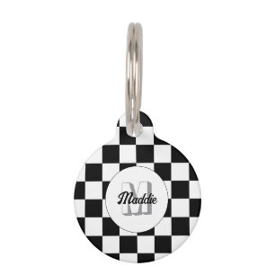 Chequered squares black and white retro Monogram Pet Tag