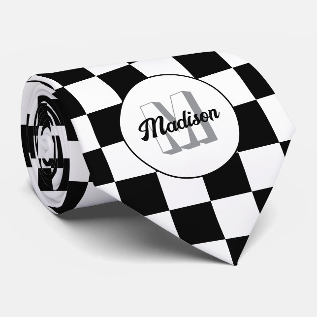 Chequered squares black and white retro Monogram Tie (Rolled)