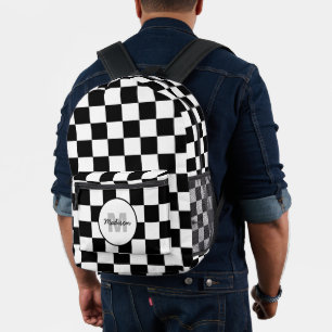 Chequered squares Black white geometry Monogram Printed Backpack