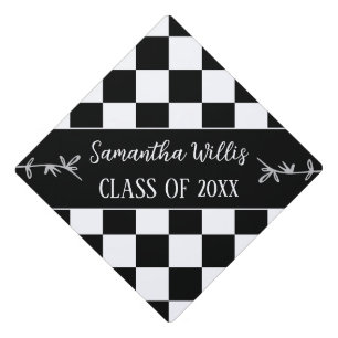 Chequered squares Black White retro Custom name Graduation Cap Topper