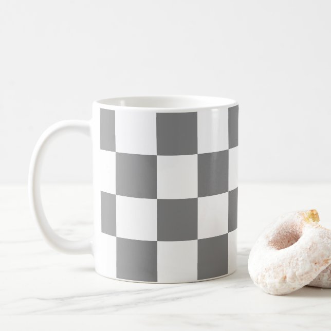 Chequered squares Grey and White geometric retro Coffee Mug (With Donut)