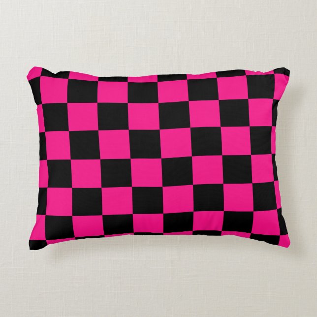 Chequered squares hot pink black geometric retro accent pillow (Front)