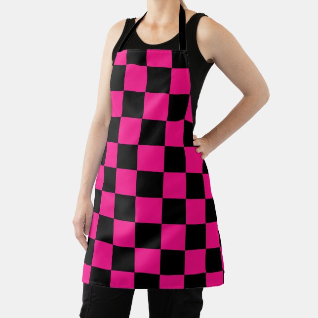 Chequered squares hot pink black geometric retro apron (Insitu)