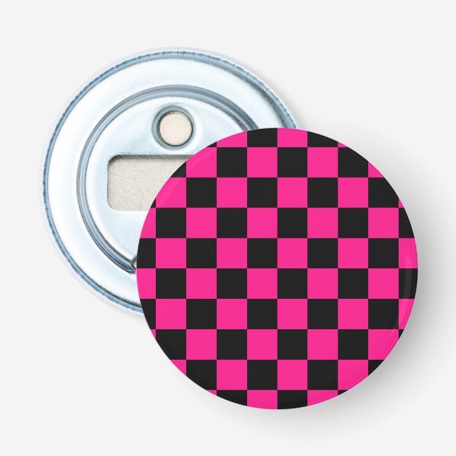 Chequered squares hot pink black geometric retro bottle opener (Front)
