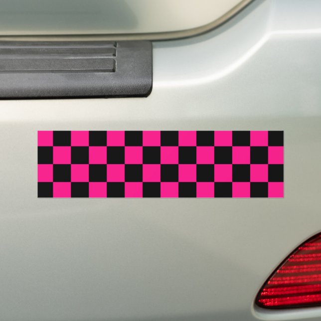 Chequered squares hot pink black geometric retro bumper sticker (On Car)