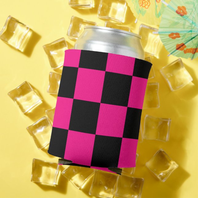 Chequered squares hot pink black geometric retro can cooler (In Situ Summer)