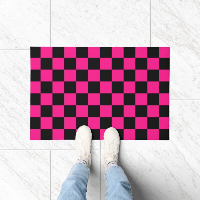 Chequered squares hot pink black geometric retro doormat (Indoor)