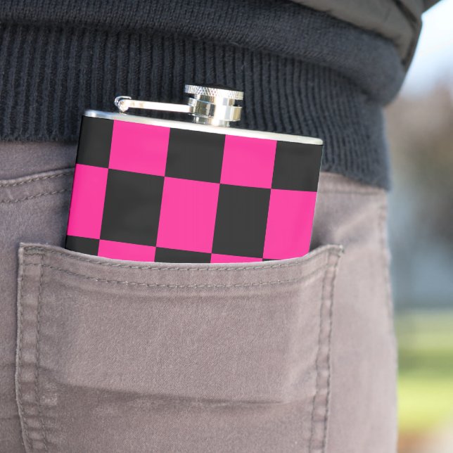 Chequered squares hot pink black geometric retro hip flask (In Situ)