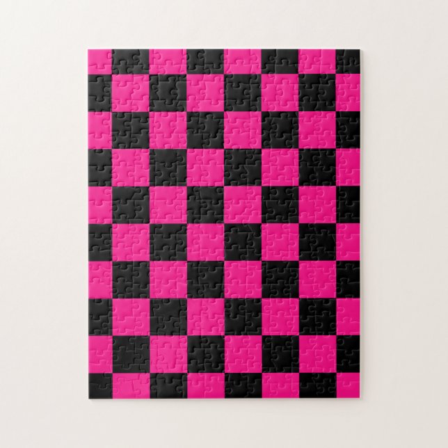 Chequered squares hot pink black geometric retro jigsaw puzzle (Vertical)