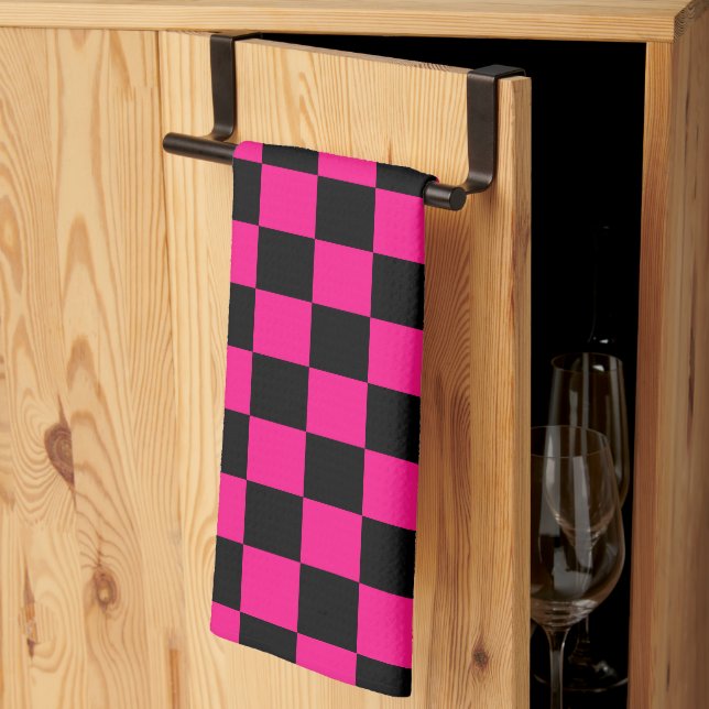 Chequered squares hot pink black geometric retro kitchen towel (Thirds Fold)