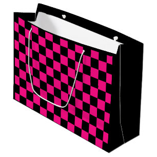 Chequered squares hot pink black geometric retro large gift bag
