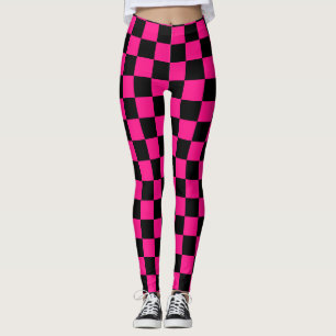 Chequered squares hot pink black geometric retro leggings
