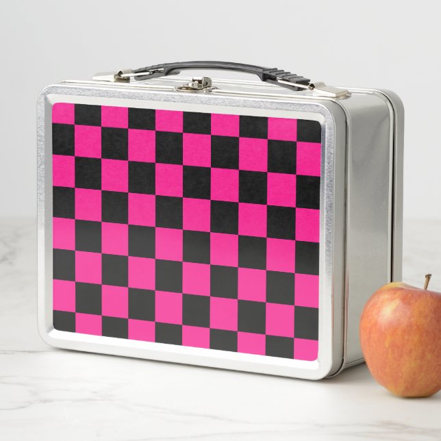 Chequered squares hot pink black geometric retro metal lunch box (In Situ)