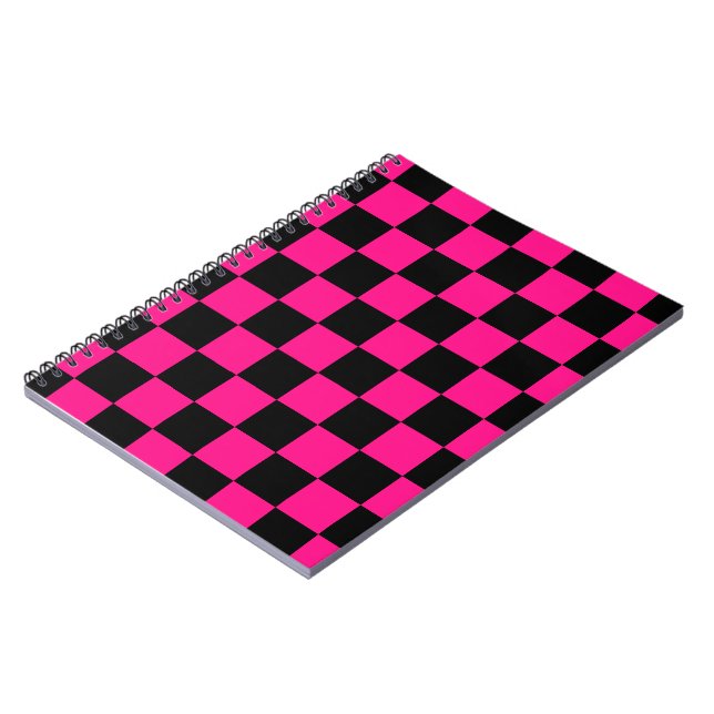Chequered squares hot pink black geometric retro notebook (Left Side)