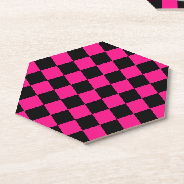 Chequered squares hot pink black geometric retro paper coaster (Angled)