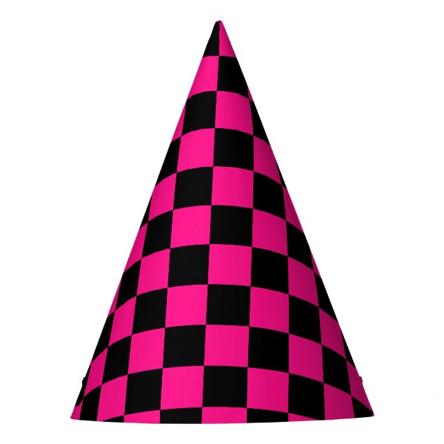 Chequered squares hot pink black geometric retro party hat (Front)