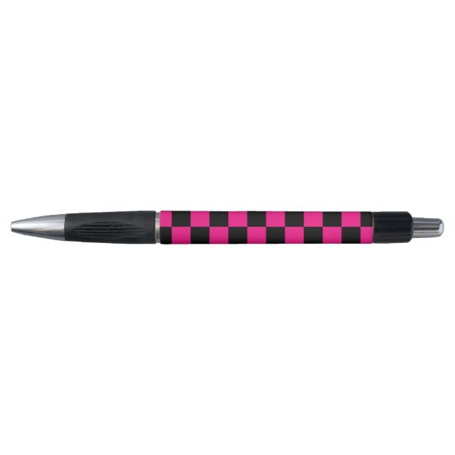 Chequered squares hot pink black geometric retro pen (Front)