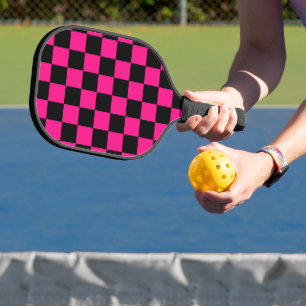 Chequered squares hot pink black geometric retro pickleball paddle