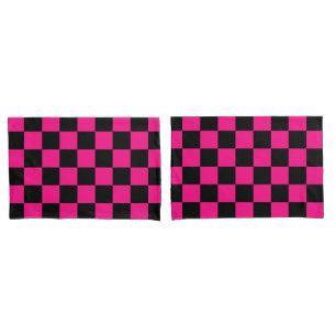 Chequered squares hot pink black geometric retro pillowcase