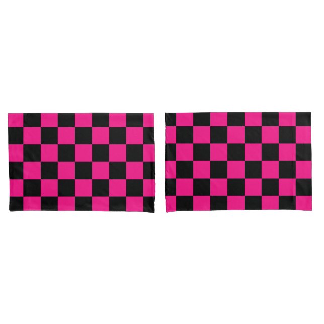 Chequered squares hot pink black geometric retro pillowcase (Front-Set)