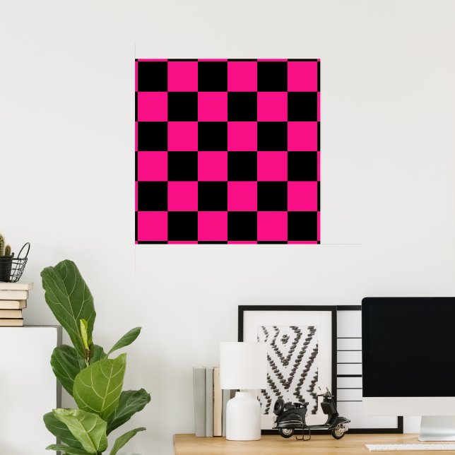 Chequered squares hot pink black geometric retro poster (Home Office)