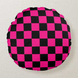 Chequered squares hot pink black geometric retro round pillow