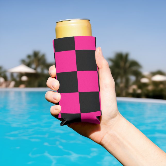 Chequered squares hot pink black geometric retro seltzer can cooler (In Situ Pool)