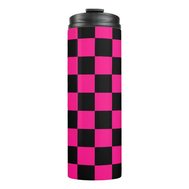 Chequered squares hot pink black geometric retro thermal tumbler (Front)