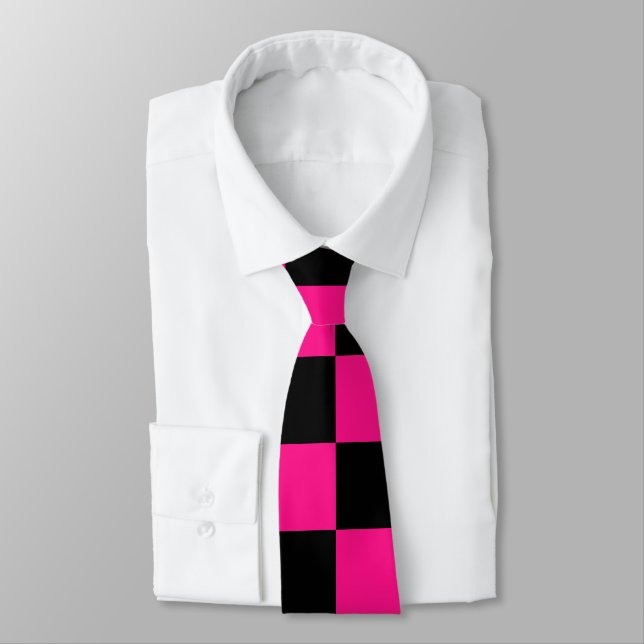 Chequered squares hot pink black geometric retro tie (Tied)