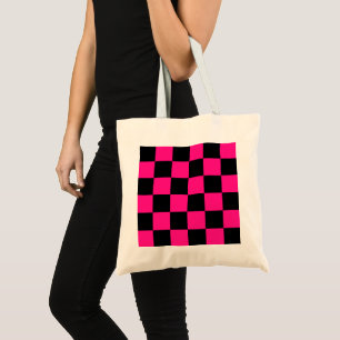 Chequered squares hot pink black geometric retro tote bag