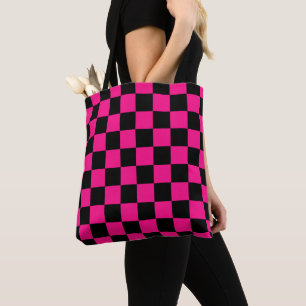 Chequered squares hot pink black geometric retro tote bag