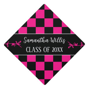 Chequered squares hot pink black retro Custom name Graduation Cap Topper