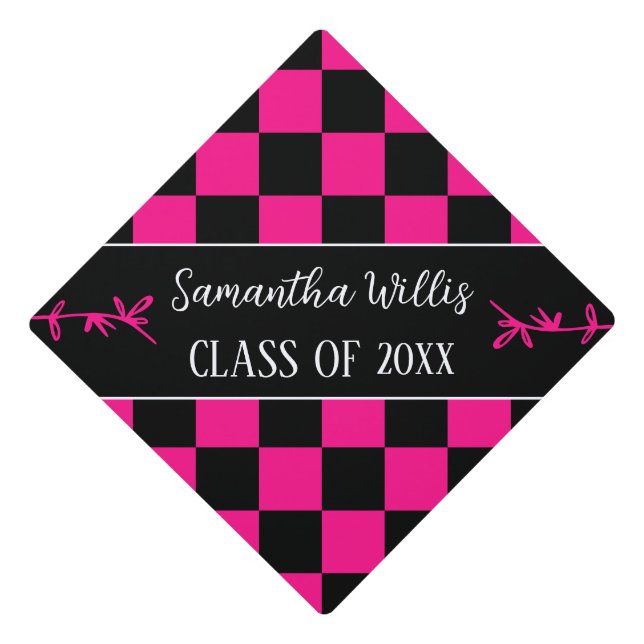 Chequered squares hot pink black retro Custom name Graduation Cap Topper (Front)