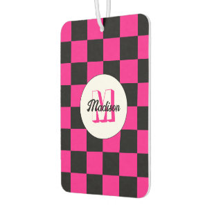 Chequered squares hot pink black retro Monogram Air Freshener