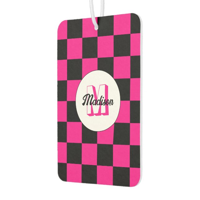 Chequered squares hot pink black retro Monogram Air Freshener (Left)