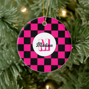 Chequered squares hot pink black retro Monogram Ceramic Ornament