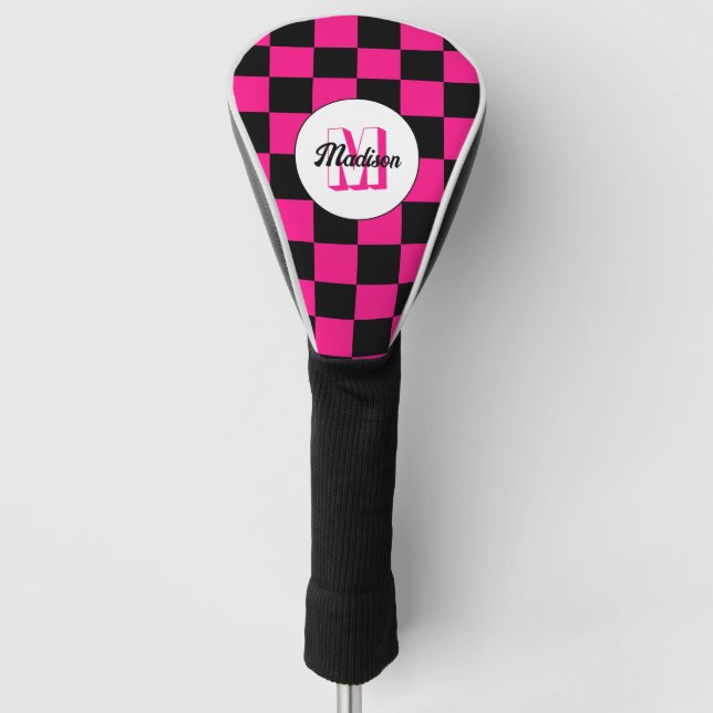Chequered squares hot pink black retro Monogram Golf Head Cover (Front)